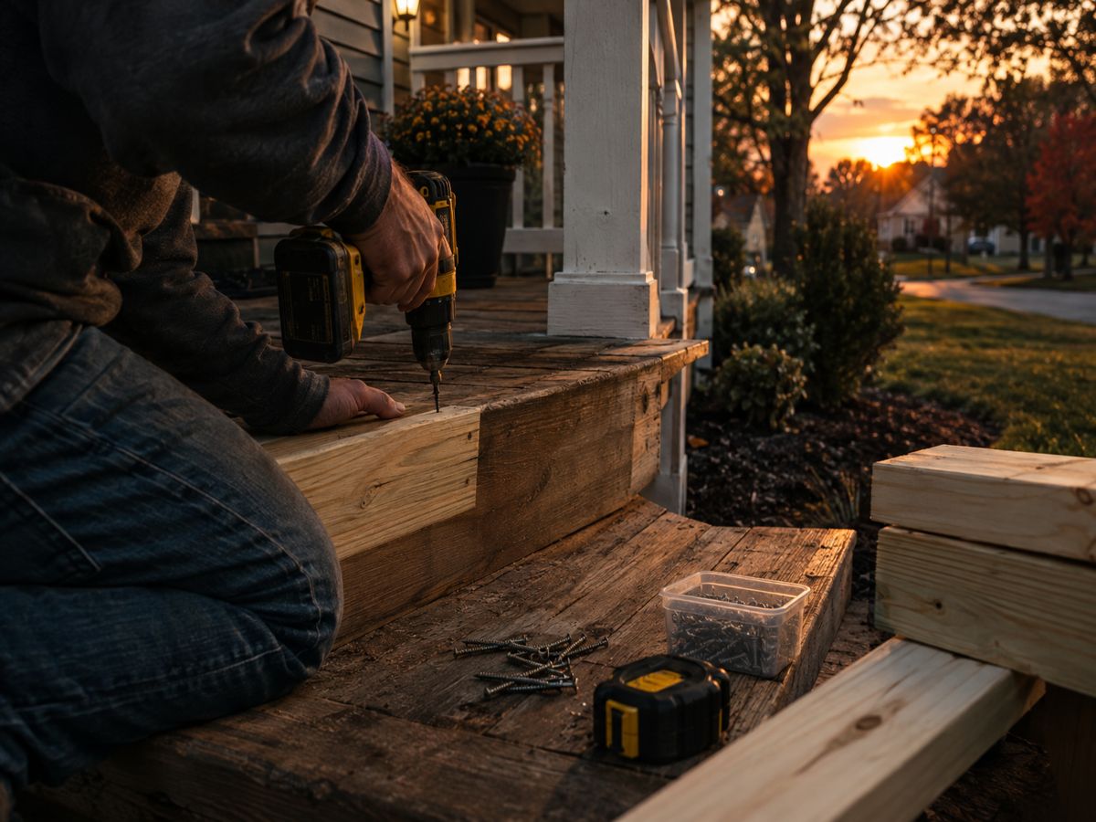 Porch step being repaired with a drill