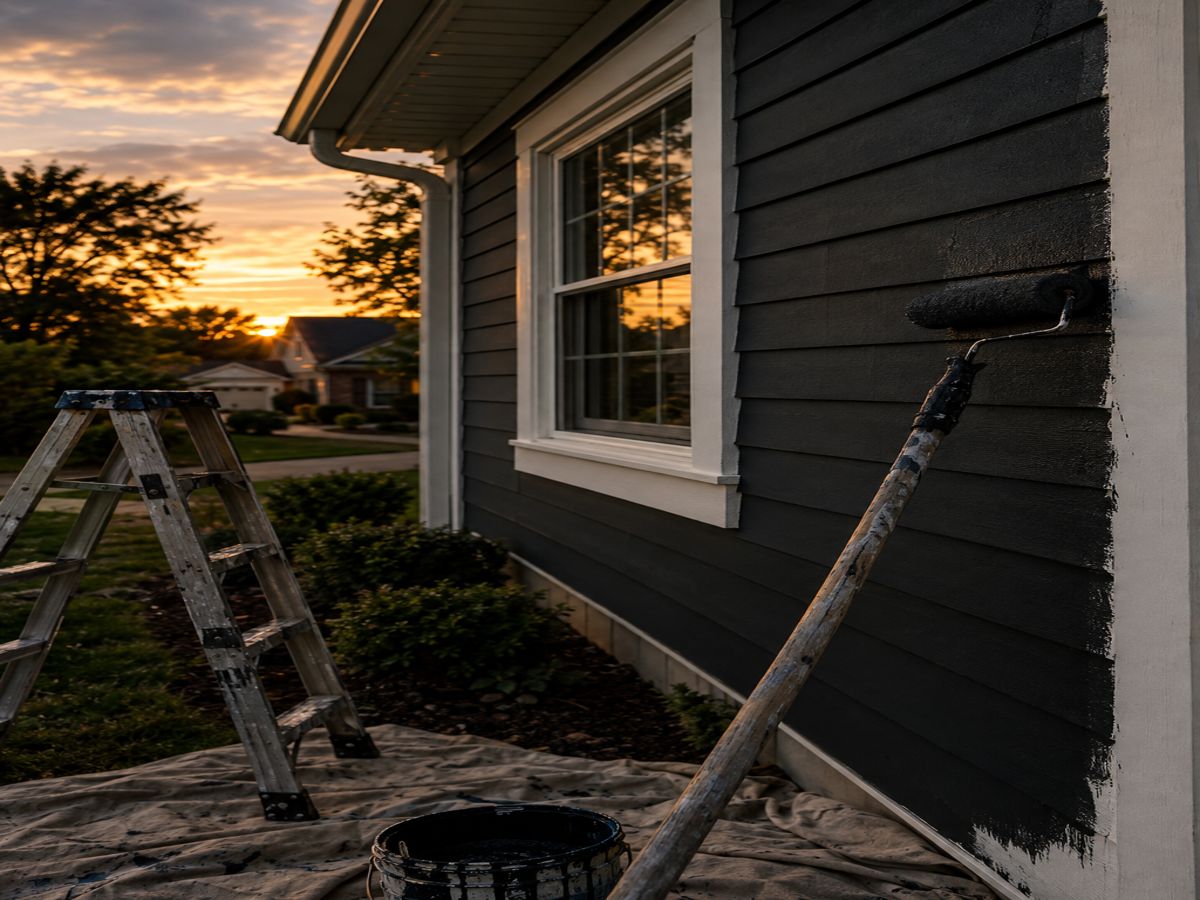 House siding being painted with a roller