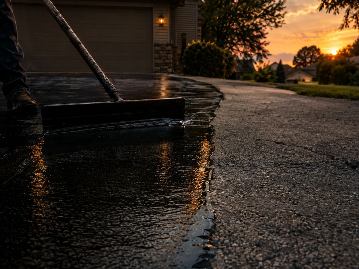 Fresh black sealcoat being spread on a driveway
