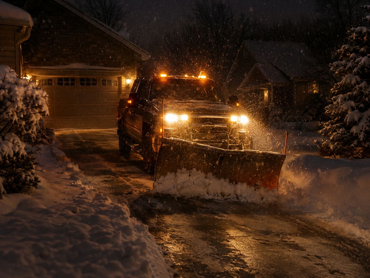 Plow truck clearing a driveway at night